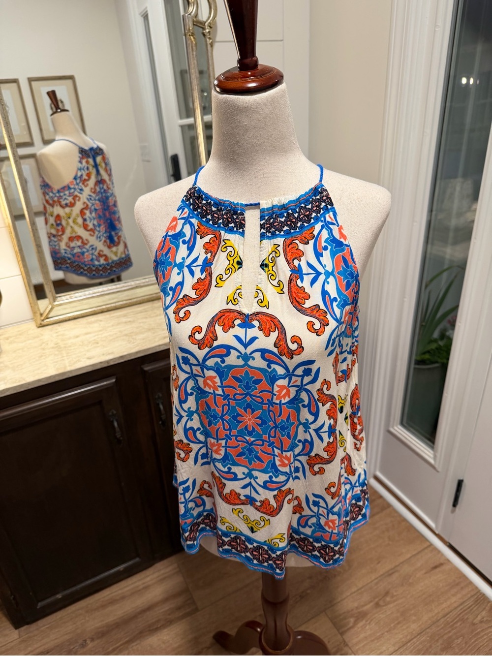 Flying Tomato White Halter Tunic with Blue and Orange Tile Print